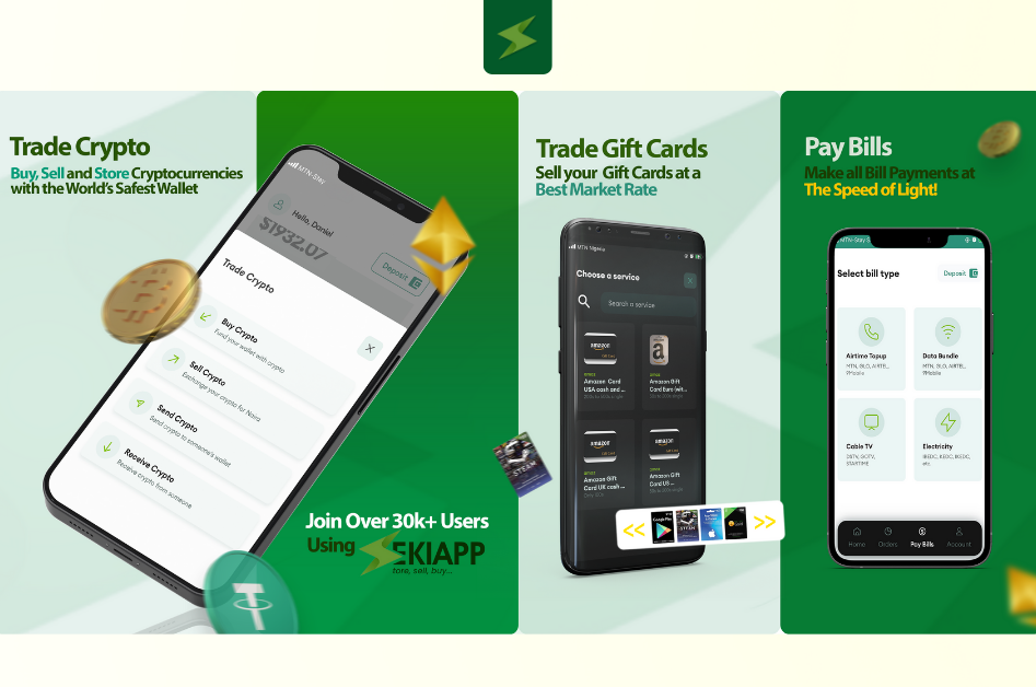 SekiApp interface for trading crypto, gift cards and bills payment