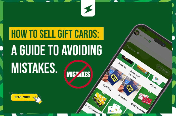 How to sell gift cards without mistakes guide, featuring a mobile trading app and various gift card brands.